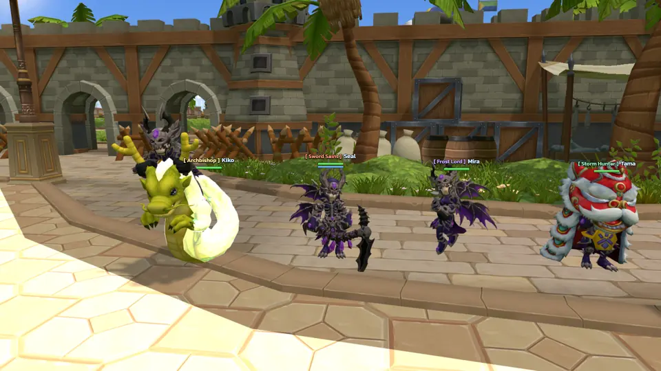 ตัวละคร Sword Saint, Frost Lord, Archbishop และ Storm Hunter ในชุด Abyssal ที่หมู่บ้าน Nua